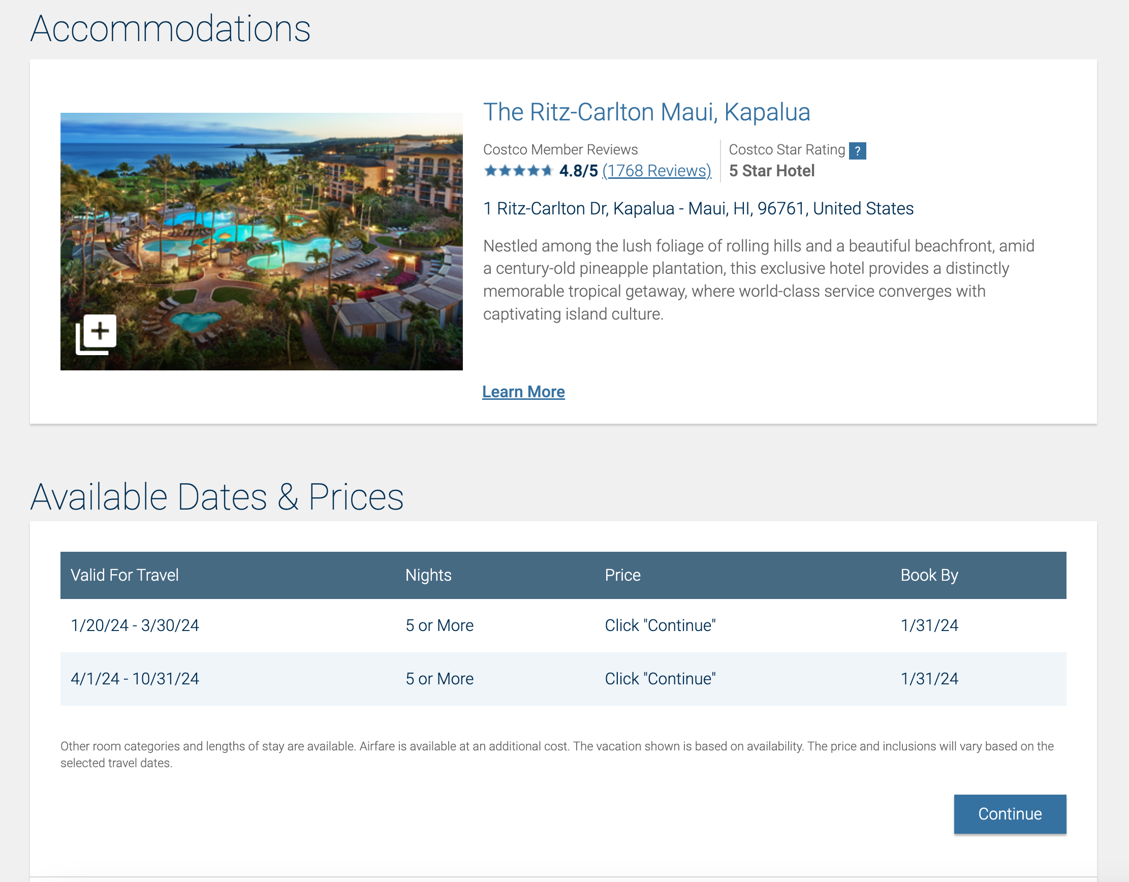 Screenshot of Ritz-Carlton Maui deal on Costco Travel.